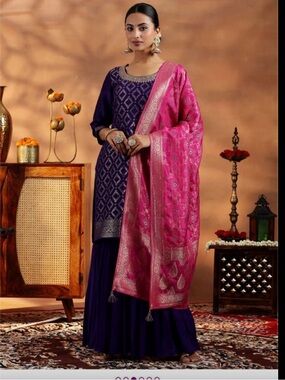 Purple Woven Silk Blend Anarkali with Pink Banarasi Dupatta